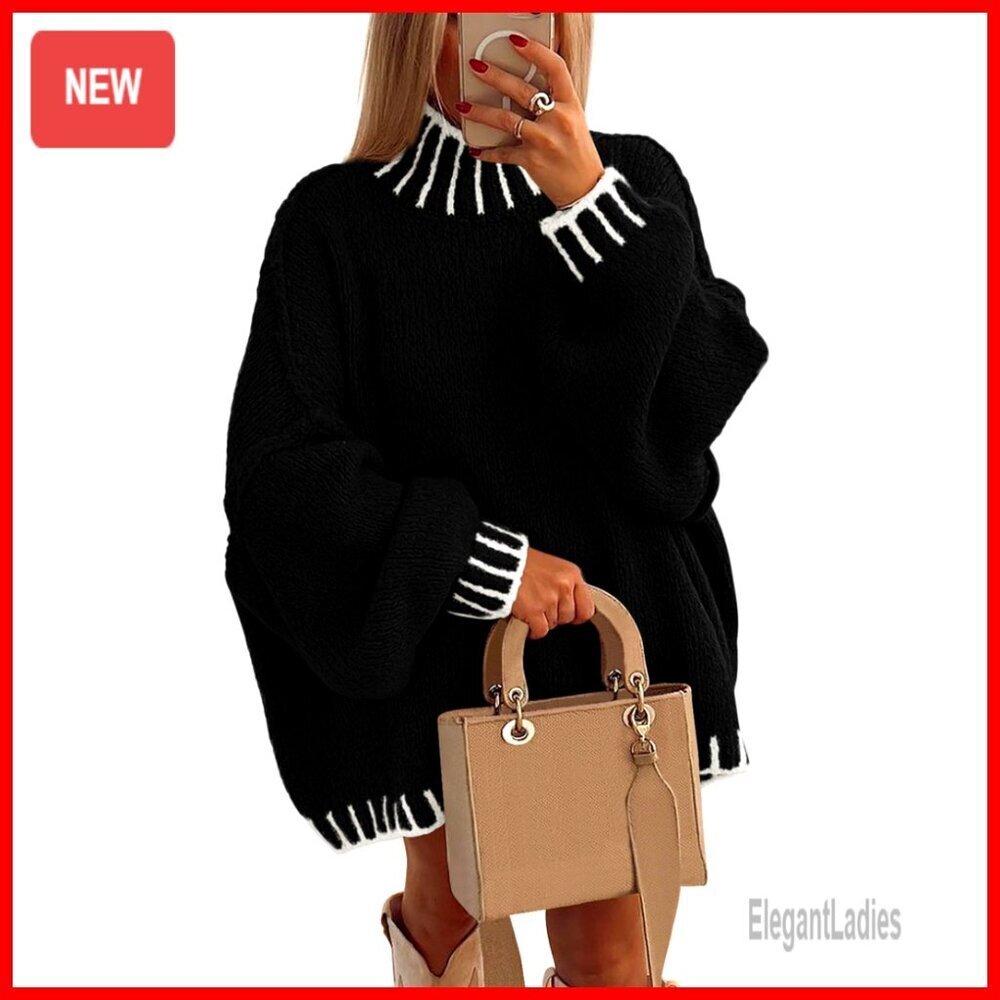 Oversized Chunky Knit Pullover Sweater Long Sleeve Mock Neck Winter Top